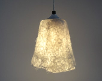 Handfelted lampshade, pendant light, lamp, white hanging lamp, felted natural white wool & lace fabric.