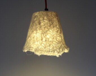 Handfelted lampshade, lamp, white hanging lamp, felted natural white wool & lace fabric. pendant light.