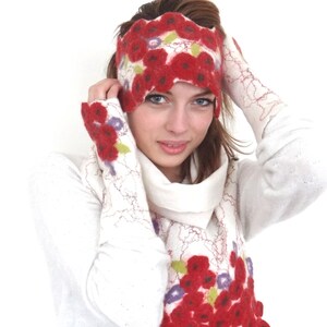 Handmade felt headband, turban, handfelted with floral motif, flowers, romantic red roses motif. Winter bride, Valentine gift idea. image 3