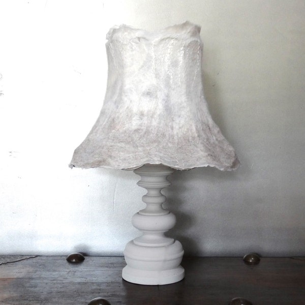 Table lamp, handfelted lampshade on painted vintage foot. subtle natural white and wam-gray design. Made to order.