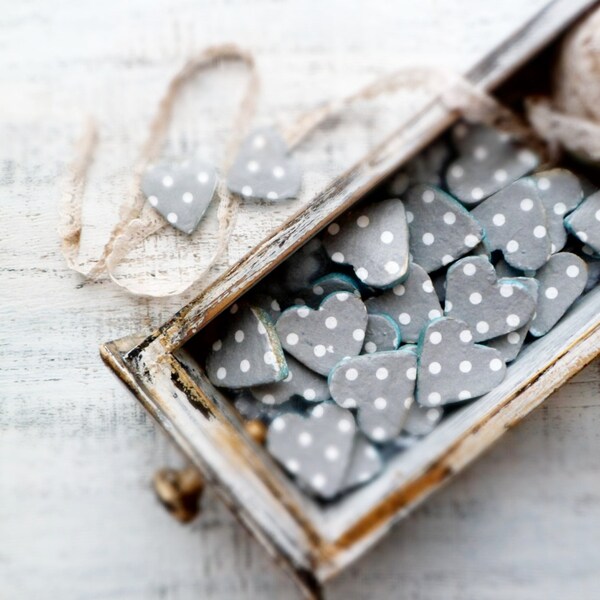 Custom for Karin__Rustic wedding favors heart magnets cottage chic guest favors shabby chic bridal shower white grey polka dot