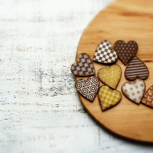 Wooden heart magnets set of 9 geometric minimalist chocolate brown caramel toffee coffee