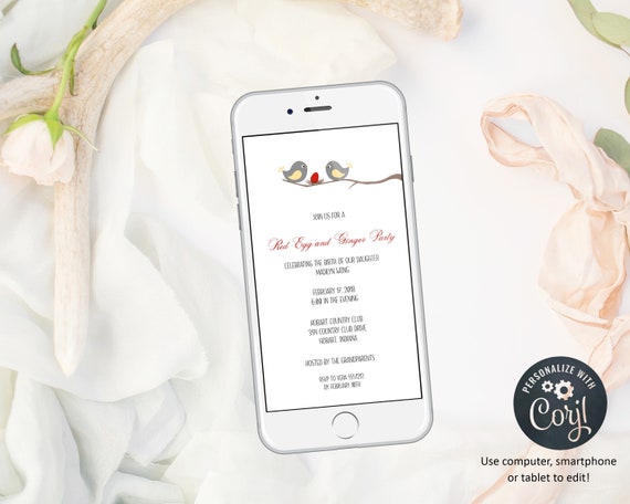 Red Egg & Ginger Electronic Baby Shower Invitation | Editable Invite | Digital Smartphone | Instant Download | Corjl |BSI209E Il_570xn