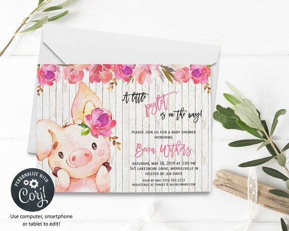 Girl Pig Baby Shower Invitation | Baby Shower | Printable Editable Digital PDF File | Instant Download | Corjl | BSI168 Il_570xn