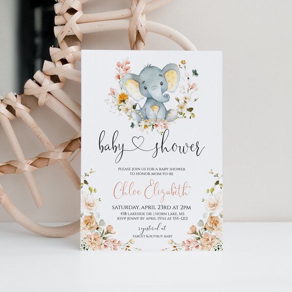 Girl Elephant Baby Shower Invitation, Spring Floral Baby Shower Template, Editable Text, Instant