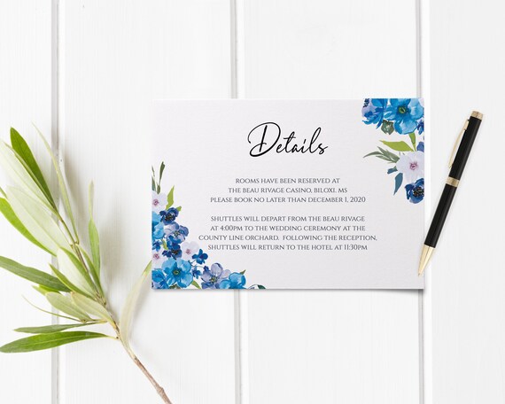 Printable Wedding Details Card, Blue Flowers, Wedding Enclosure Card, Wedding Details Card Template, Instant Download, WI134 Il_570xn