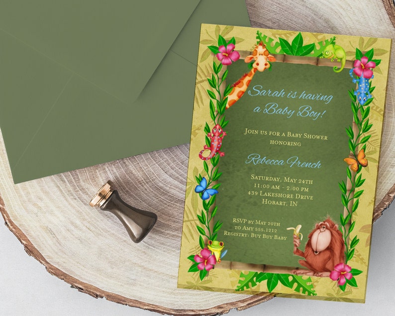 Tropical Baby Shower Invitation Jungle Rainforest Baby Etsy