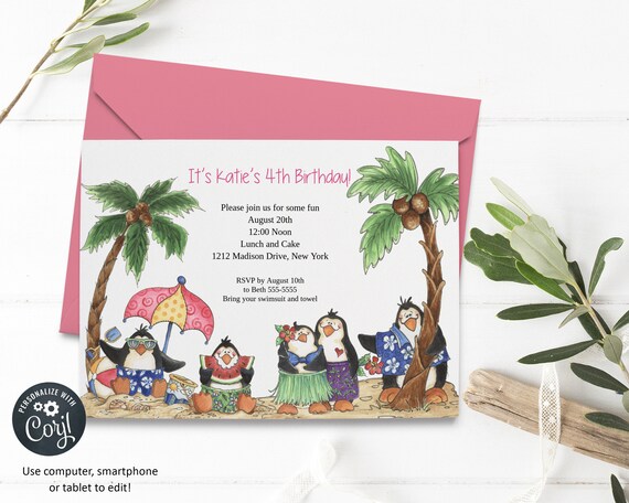 Penguin Luau Invitation | Kids Birthday | Printable Editable Digital File | Instant Download | Corjl | KBI114 Il_570xn