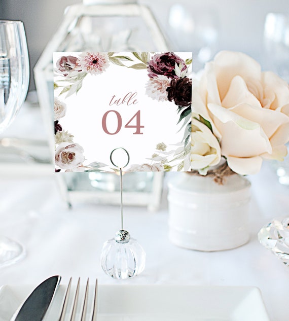 Burgundy Floral Wedding Table Numbers, Printable Table Numbers, Wedding Table Sign Template
