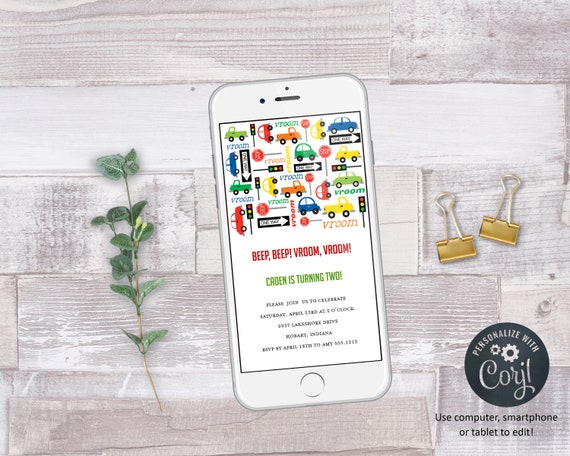 Cars and Trucks Electronic Kids Birthday Invitation | Editable Invite | Digital Smartphone | Instant Dowload | Corjl |KBI342E Il_570xn