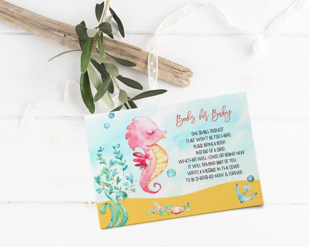 Seahorse Baby Shower Book Insert, Stock the Library Card Template