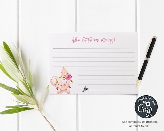 Girl Pig Advice Card | Baby Shower | Editable Printable Digital File | Instant Download | Corjl | BSI168AC Il_570xn