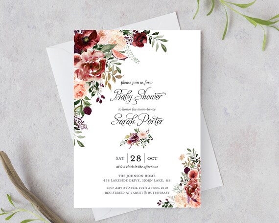 Boho Baby Shower Invitation, Fall Baby Shower, Autumn Floral Baby Shower Invite, Editable Digital File, Instant Download, Corjl, BSI285 Il_570xn