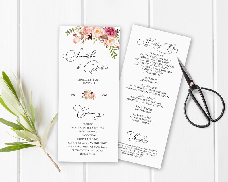 Printable Wedding Program Template Boho Blush Slim Wedding Program WI100 Editable Printable File Instant Download Unique Programs