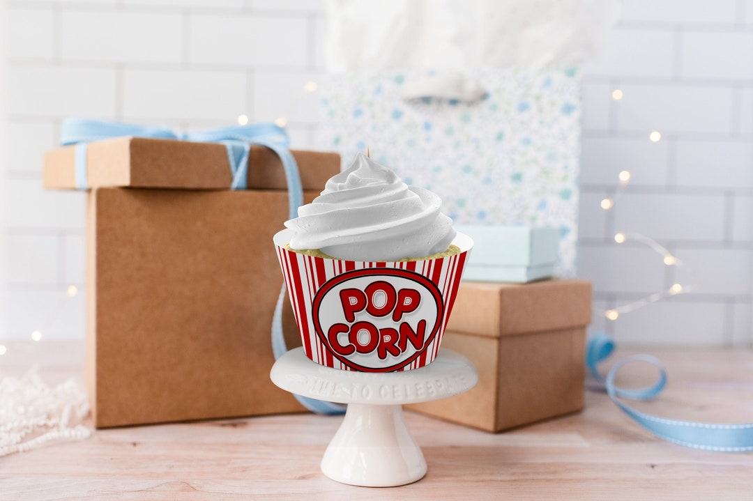 Movie Popcorn Cupcake Wrappers, Printable Cupcake Sleeves, Popcorn Cupcake Holders, Instant ...