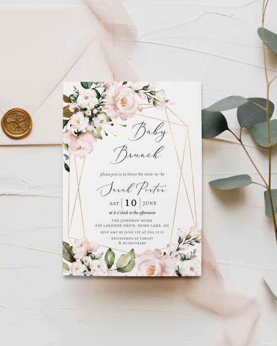 Pink Floral Baby Brunch Invitation, Blush Roses Baby Shower Template, Editable Printable Digital File, Instant Access, 640 Il_570xn