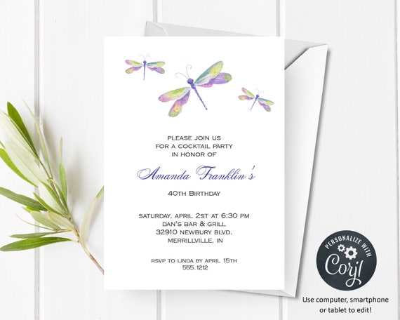 Dragonfly Invitation | Adult Birthday | Printable Editable Digital File | Instant Download | Corjl | ABI302 Il_570xn