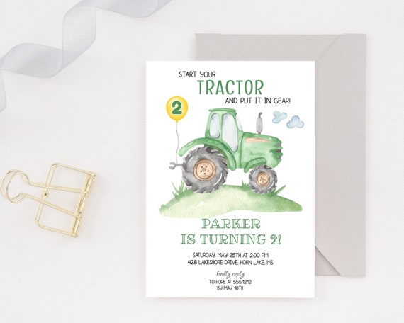 Green Tractor Birthday Invitation, Farm Tractor, Kids Birthday Party Template, Editable Text, Instant Access, Corjl, BD156 Il_570xn