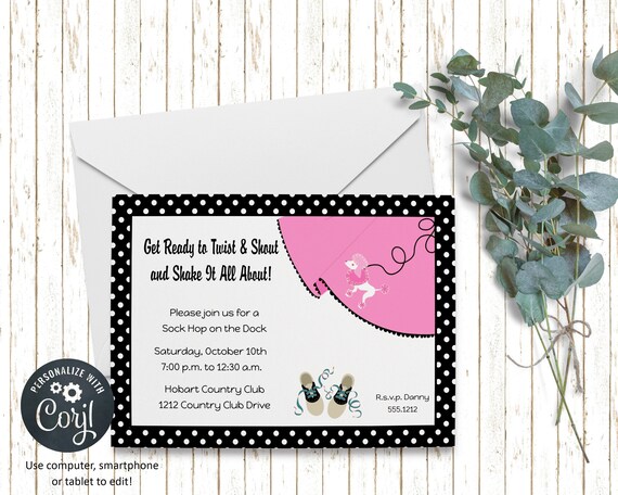 Printable 1950/'s Diner Retro Invitation YOU EDIT PRINT Digital PDF /& JPG Corjl