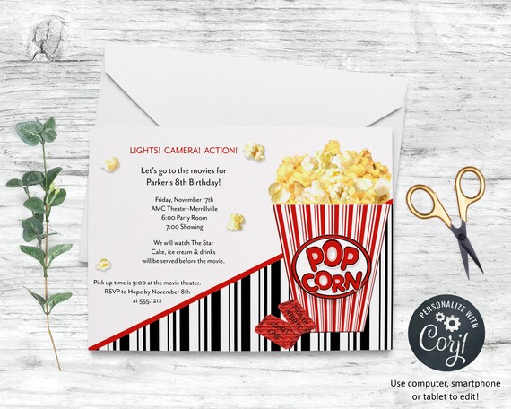 Movies Invitation Movie Birthday Party Printable Editable