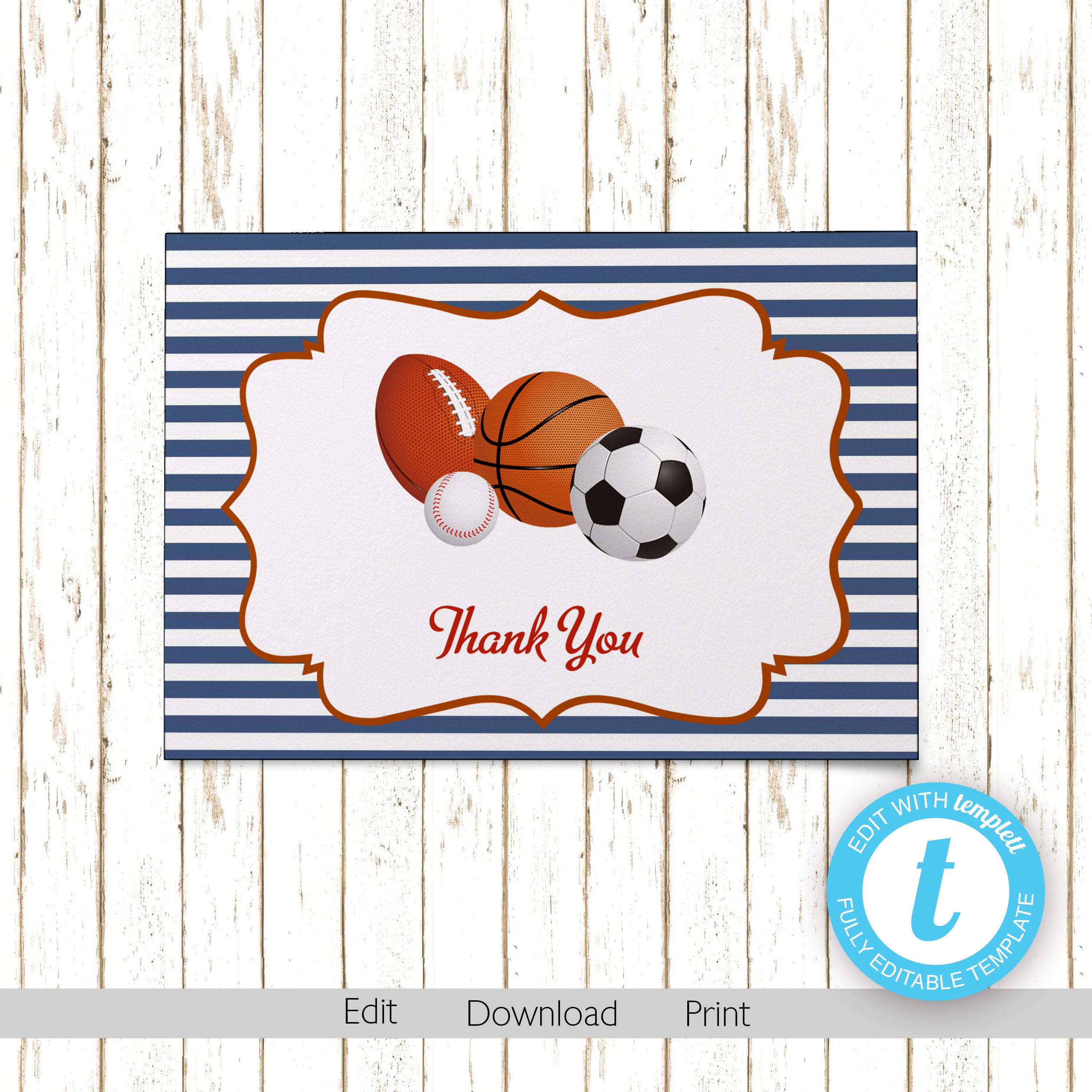 Sports Thank You Cards Printable PDF or JPEG Templett Etsy