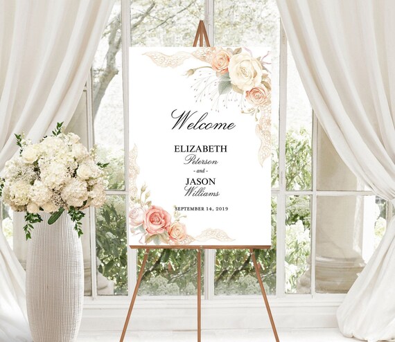 Welcome Wedding Sign, Lace & Roses Welcome, Wedding Sign Template, Instant Download, WI241 Il_570xn