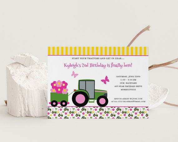 Pink Tractor Invitation, Girls Birthday Party Template, Editable Text, Instant Access, Corjl, KBI293 Il_570xn