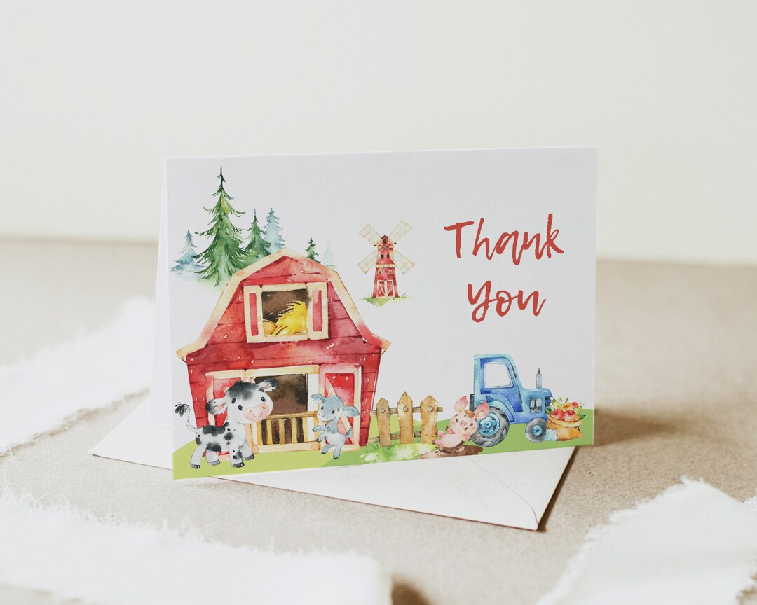 Barnyard Farm Animals Thank You Cards, Folded Cards Template, Editable ...