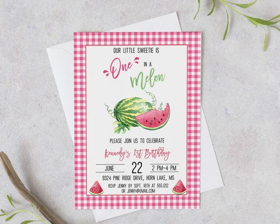 Watermelon Birthday Invitation, Girls Birthday Party Template, One in a Melon, Printable Editable Digital File, Instant Download, KBI146 Il_570xn