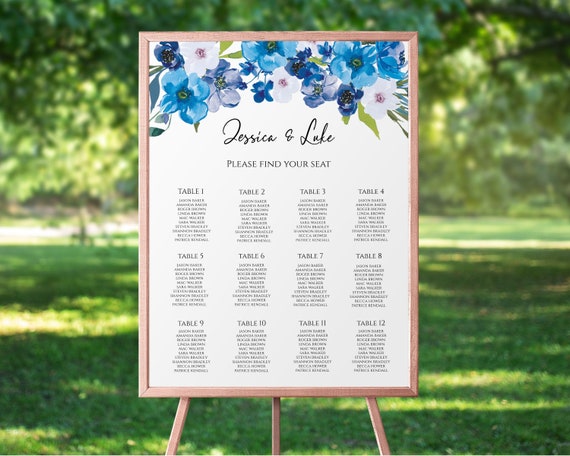 Blue Flowers Wedding Seating Chart, Seating Chart Template, Editable Printable File, Instant Download, WI134 Il_570xn