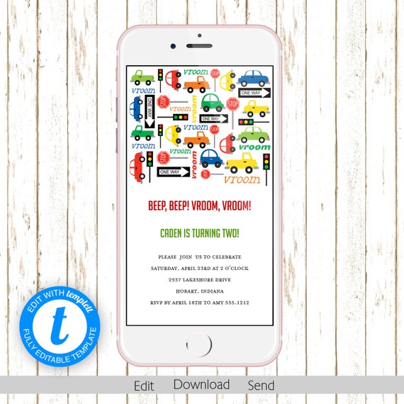 Cars and Trucks Electronic Kids Birthday Invitation | Editable Invite | Templett | Digital Smartphone | KBI342E Il_570xn