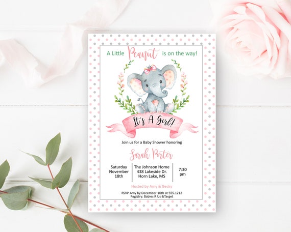 Girl Baby Shower Invitation, Elephant Baby Shower Template, Editable Digital File, Instant Access, BSI119 Il_570xn