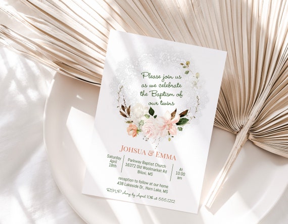 Rose &amp; Lilly Baptism Invitation, Christening/Baptism Template, Printable Editable Digital File ...