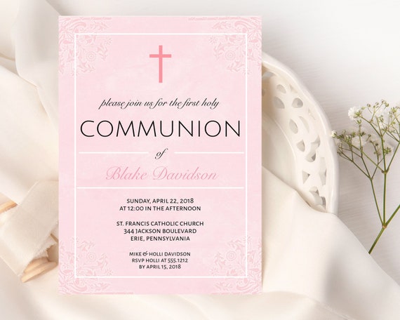 Elegant Cross Pink Invitation | First Communion | Printable Editable Digital File | Instant Download | Corjl | FCI134 Il_570xn
