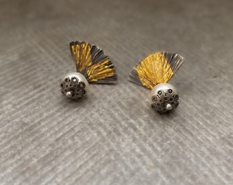 Sterling Silver and Freshwater Pearl stud earrings, 24 ct gold decorated silver and pearl studs. Ginkgo leaf earrings.