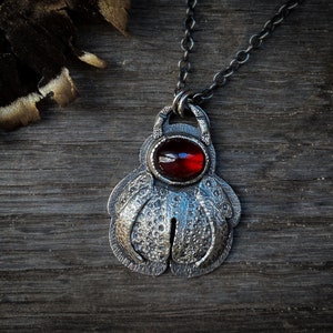 Sterling Silver and Garnet Beetle Pendant, Silver and Hessonite Garnet Textured Necklace, Scarab Pendant
