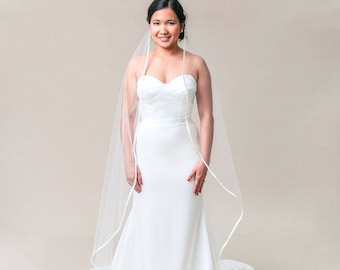 Satin Wedding Veil with Blusher | Fingertip Bridal Veil | Simple Bridal Veil | Ivory Wedding Veil | Satin Trim Veil | Two Tier Wedding Veil