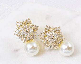 Pearl Statement Earrings | Bridal Earrings Studs | Pearl Stud Wedding Earrings | Pearl Wedding Earrings for Brides | Gold Wedding Earrings