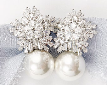 Large Pearl Stud Earrings, Statement Earrings, Bridal Accessories, Silver or Gold Earrings, Crystal Embellishments, Wedding Accessories