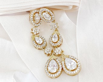 Crystal Statement Earrings, Wedding Earrings, Bridal, Gold dangle earrings, Drop Earrings, Classic Yet Modern Earring Set