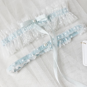 Blue Wedding Garter Set for Wedding, Bridal Lingerie Shower Gift, Lace Garter Belt, Gift for Bride, Wedding Accessories image 1