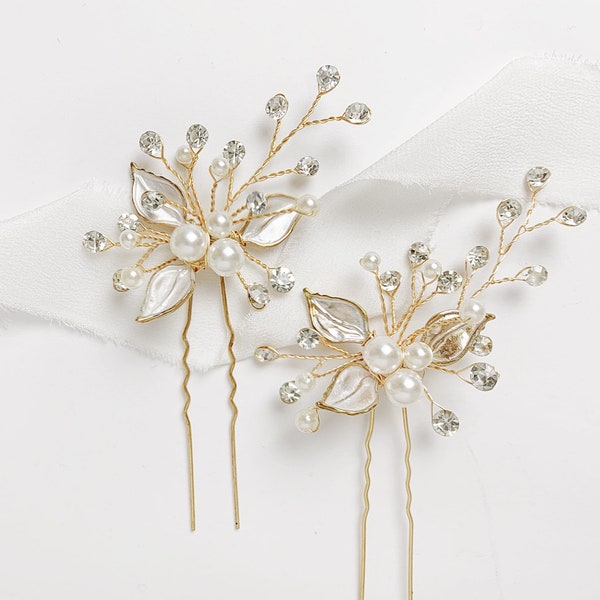 Gold Crystal and Pearl Leaf Bridal Hairpin for the Boho Bride