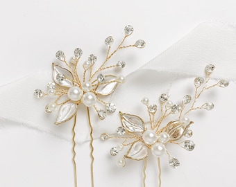 Gold Crystal and Pearl Leaf Bridal Hairpin for the Boho Bride