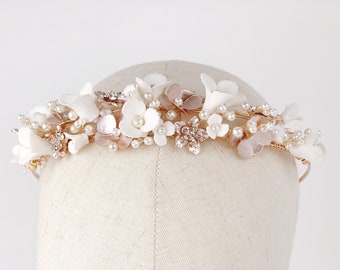 Rose Gold Flower Crown | Boho Flower Crown Wedding | Bridal Flower Crown Headpiece | Floral Wedding Hair Piece | Wedding Tiara for Brides