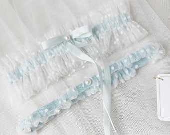 Blue Wedding Garter Set for Wedding, Bridal Lingerie Shower Gift, Lace Garter Belt, Gift for Bride, Wedding Accessories