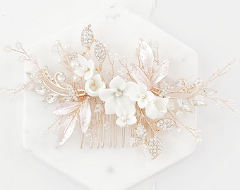Boho Wedding Headpiece Bride | Rose Gold Floral Bridal Hair Piece | Flower Bridal Hair Comb | Rose Gold Floral Wedding Hair Comb for Bride