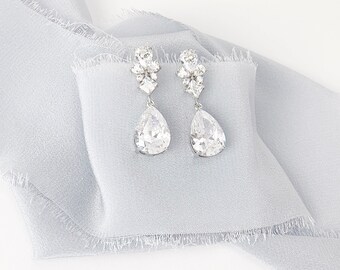 Silver Dangle Wedding Earrings, Crystal Drop Bridal Earrings
