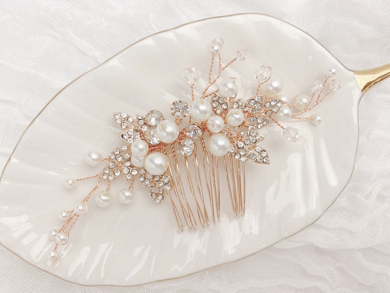 Rose Gold Hair Comb, Pearl Hair Comb, Bridal Headpiece, Wedding Hairpiece image 1