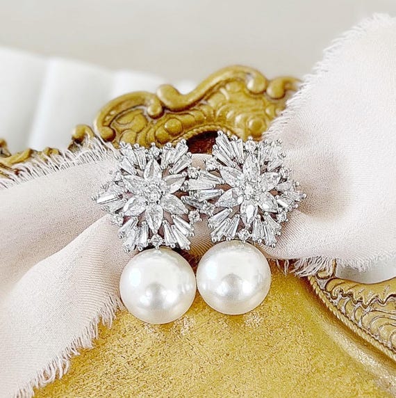 Large Pearl Statement Stud Earrings for Bride-to-Be in Silver or Gold