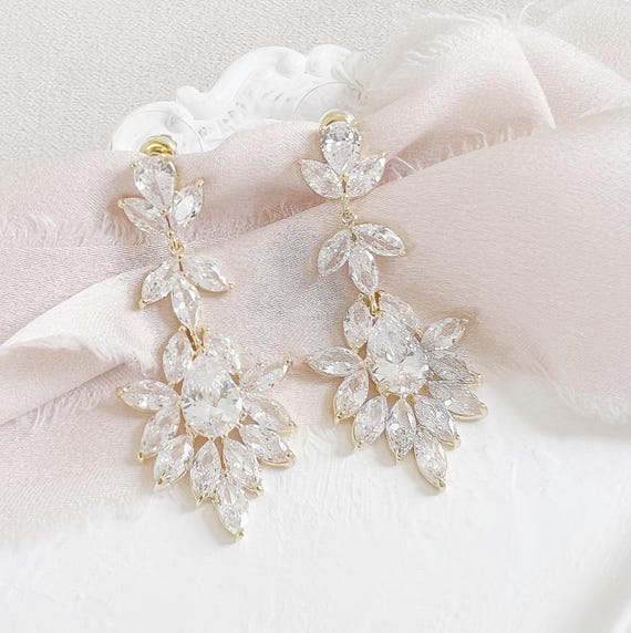 Gold Drop Wedding Earrings, Silver Dangle Bridal Earrings, Crystal Statement Wedding Earrings